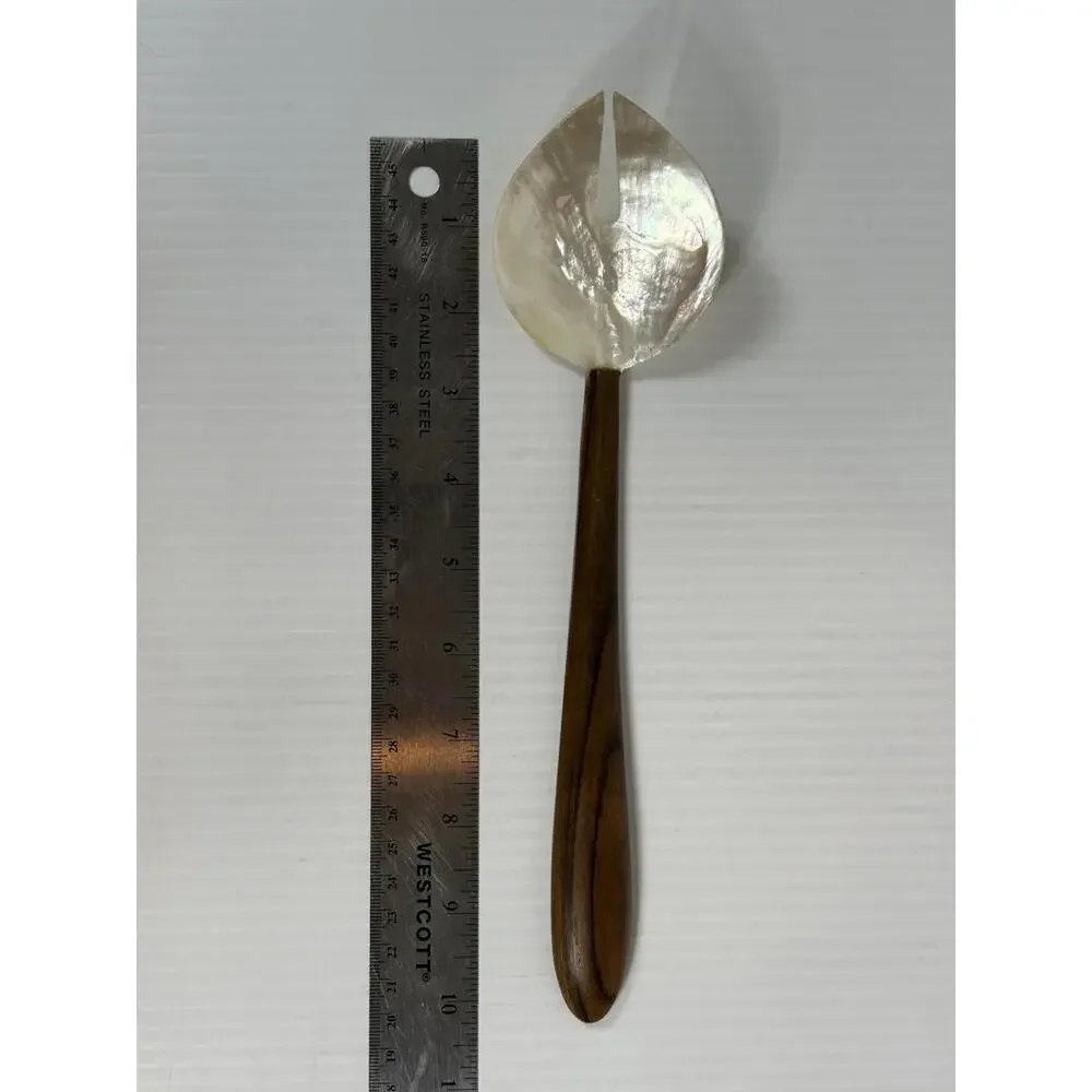Vintage Mother‎ Of Pearl Salad Serving Spoon With Wood Handle Large MCM